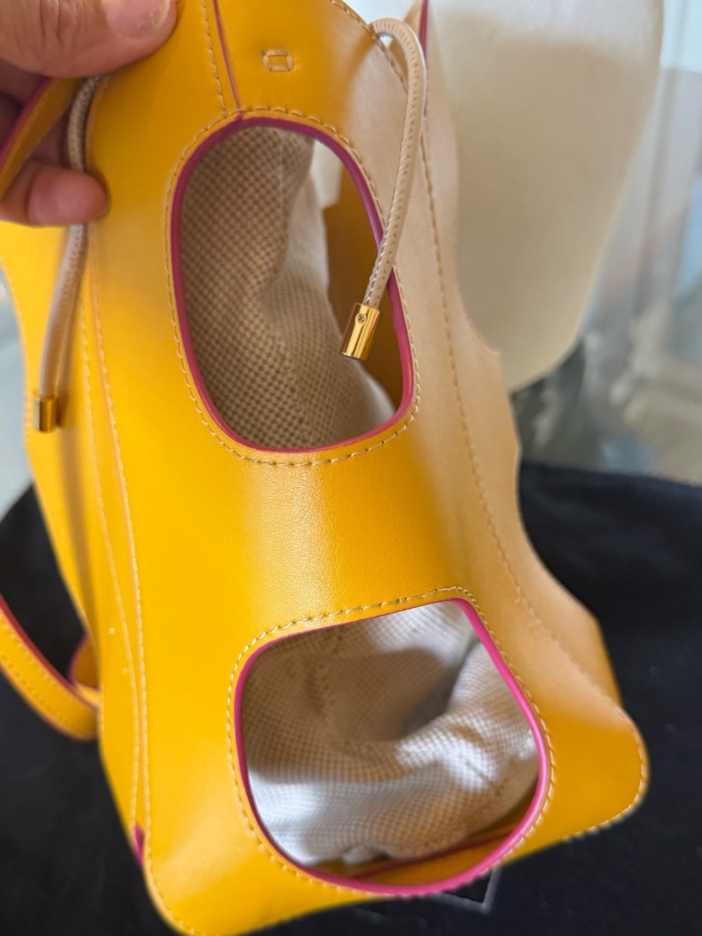 Purificacion Garcia Yellow Leather Drawstring Bucket Shoulder Bag with Pink Trim - Picture 7 of 7